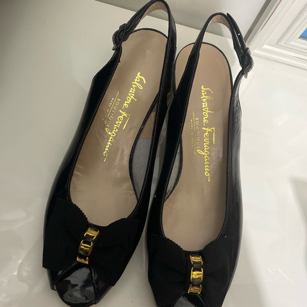 Salvatore Ferragamo Black Peep Toe Slingback Shoes